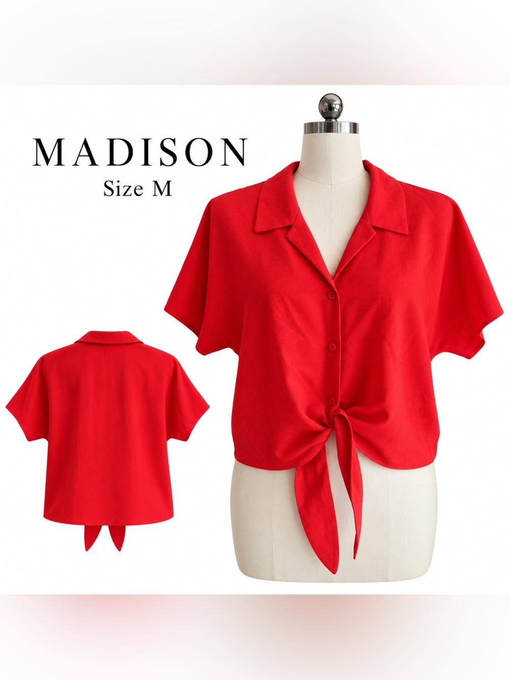 Madison Red Tie Front Button Down Short Sleeve Blouse Top Size Medium